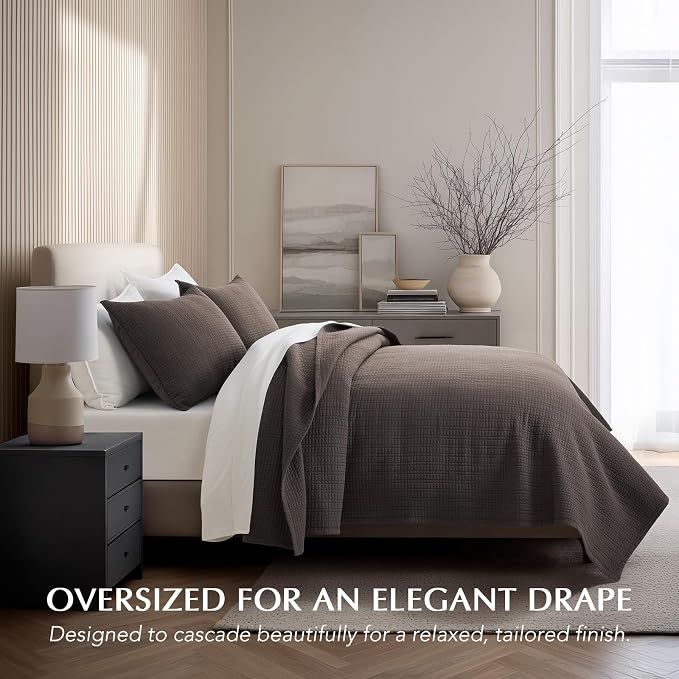 EverGrace 100% Cotton Modern Grid Stitch Quilt Set, Queen Size, Dark Brown | Pre-Washed Cotton Coverlet Bedspread, Oversized Lightweight 3-Piece Bedding Set for All Season, with 2 Pillow Shams