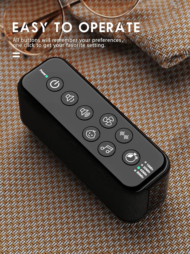 White Noise Machine with Rain Sounds, Rechargeable Sound Machine for Sleep | 42 Non-Looping Sounds, USB-Rechargeable 3000mAh Battery, Dual Speakers, Auto-Off Timer, 8 Volume Levels and Memory