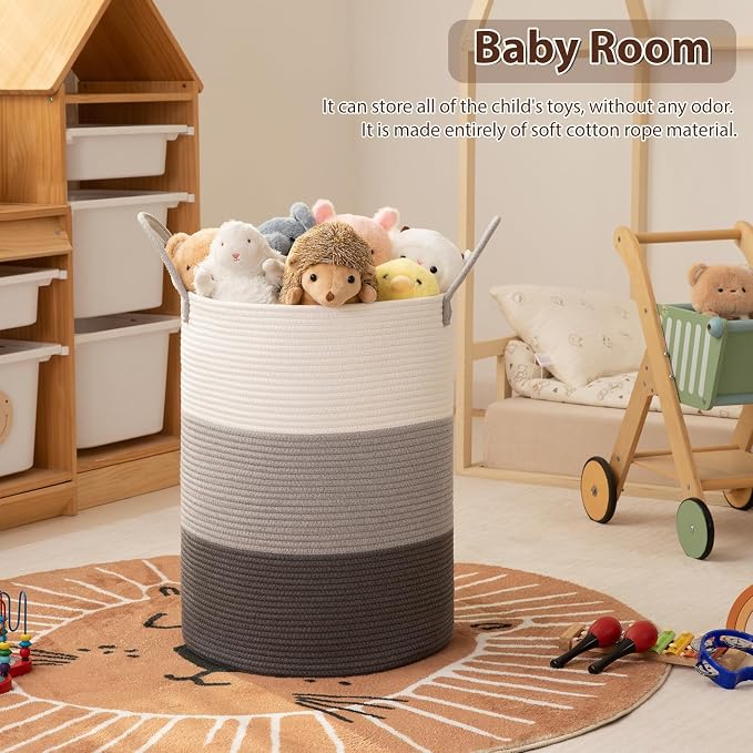 OIAHOMY 60L Nursery Hamper Laundry Basket Laundry Hamper Gradient Grey | collapsible Blanket Basket Cotton Rope Woven Basket Dirty Clothes Hamper Baby Hamper Tall Clothes Hamper with Handles