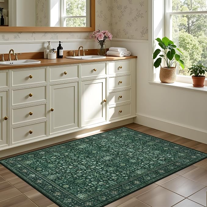 2x3 Area Rugs Living Room: Washable Rug for Bedroom Deep Green | Boho No Slip Stain Resistant Rug Soft Indoor Decor Floor Floral 2x3 Area Rugs for Dining Room, Nursery, Hallway, Home Office