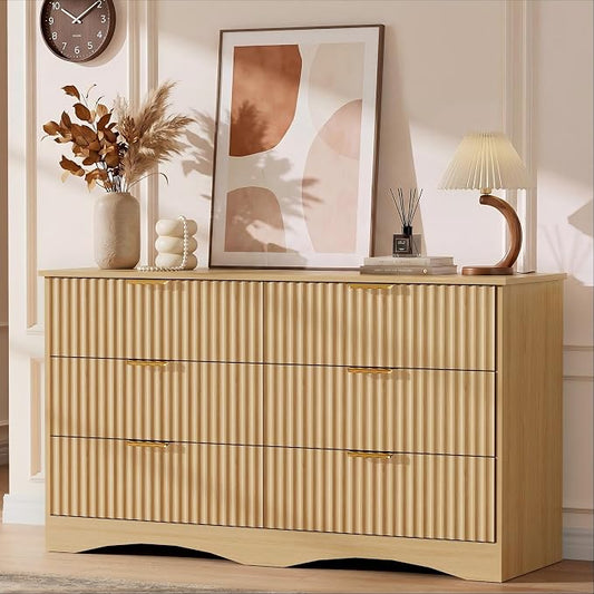 YESHOMY Bedroom Dresser, 47.2" Fluted Wood Dressers, 6 Drawer Dresser | Modern Chest of Drawers, Storage Organizer, Anti-Tip, Metal Handle, TV Stand for Living Room