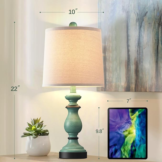 Traditional Table Lamp Set of 2, Rustic Farmhouse Table Lamps for Living Room Bedroom, 22" Bedside Desk Lamps Vintage Nightstand Lamps with Linen Shades, Green
