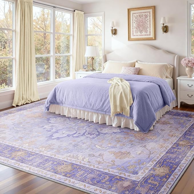RELEANY Washable Area Rug, Large 9'x12', Purple | Non-Slip, Water Repellent, Pet Friendly, Easy to Clean, Vintage Floral Boho Decor for Living Room Bedroom Dining Room