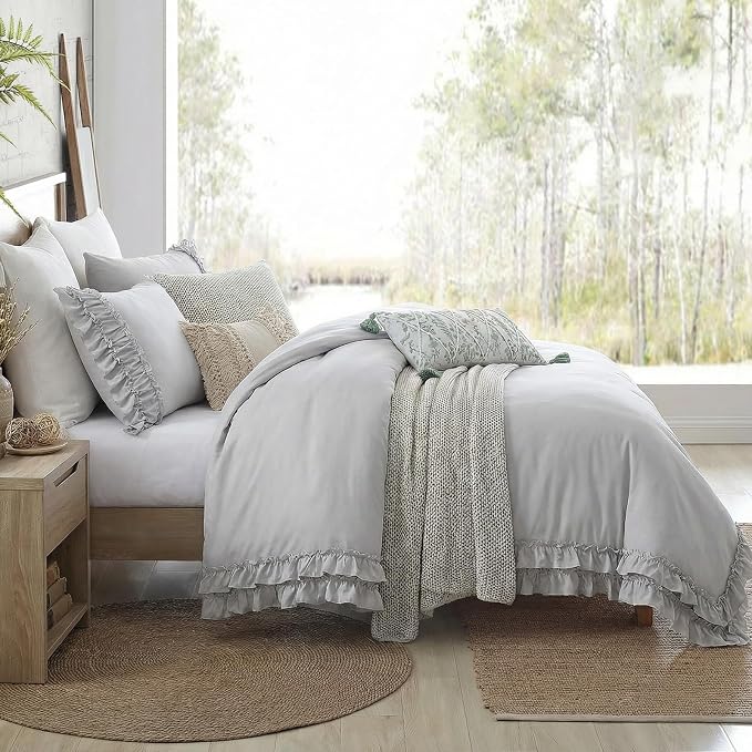 Bedorm Gray Duvet Cover Set King Ruffle Bedding Set Pleat Ruffled Shabby Chic Comforter Cover Extra Soft & Easy Care Gray Boho Duvet Cover with Zipper Closure