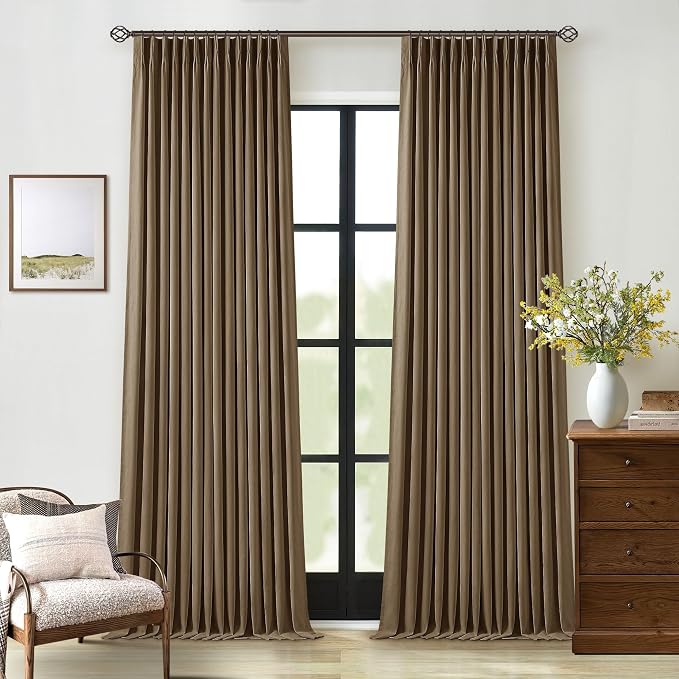 Dutch Cocoa Blackout Pinch Pleat Linen Curtains 105 Inches Long for Bedroom | 100% Black Out Curtains Lined 2 Layers, Memory Shape, Noise Reducing, Room Darkening, for Living Room Window, 40x105 2 Panels