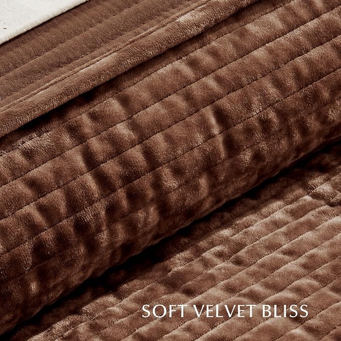 EverGrace Velvet Quilt Set, Oversized California King 118"x106", Rust Brown | Luxurious Soft Velvet Comforter, Striped Channel Bedding Set, Lightweight Bedspread Coverlet for All Season, with 2 Shams