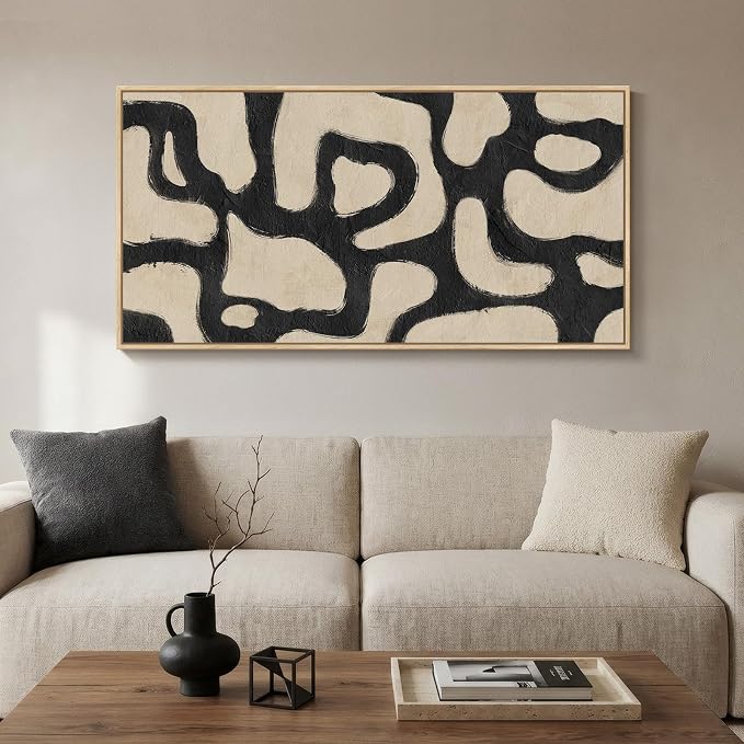 Framed Neutral Modern Abstract Horizontal Wall Art for Living Room, 24x48 | Black and beige, Modern, Minimalist, Large, Canvas artwork, Bedroom wall decor, Hallway wall art, Home office, Ready to hang