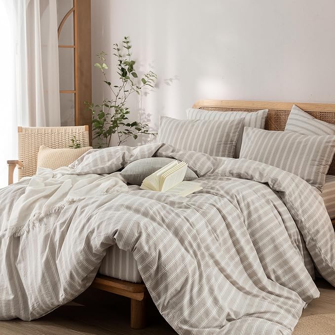 BESTOUCH Striped Cotton Duvet Cover Set Linen Feel California King | 100% Washed Cotton, Soft Wrinkle Texture, Hidden Zipper, 8 Ties, Breathable Lightweight Durable Comfy, 3 Pcs No Insert