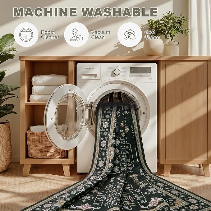 8x10 Area Rugs Living Room: Washable Vintage Rug for Bedroom Black | Boho No Slip Stain Resistant Rug Soft Indoor Decor Floor Floral Area Rugs for Dining Room, Nursery, Hallway, Home Office