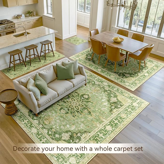 RELEANY Washable Area Rug, 7'x9', Green/Yellow | Non-Slip, Water Repellent, Pet Friendly, Easy to Clean, Vintage Floral Boho Decor for Living Room Bedroom Dining Room Office