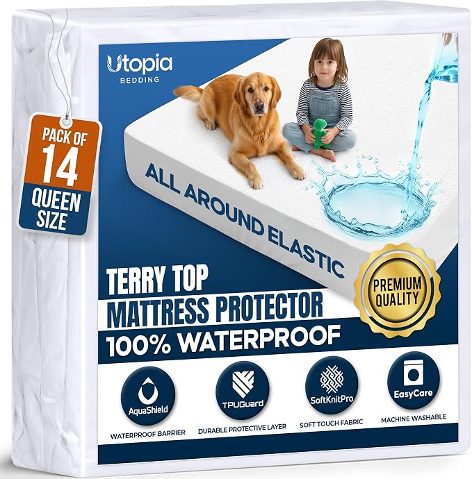 Waterproof Queen Mattress Protector 14 Pack fits Upto 17" deep Mattresses | Utopia Bedding 200 GSM Soft & Breathable Mattress Cover, Dirt-Proof, Noiseless, Machine Washable Fitted Sheet Style, White