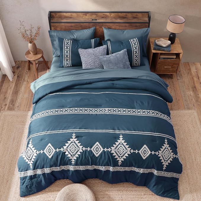 MaiRêve Embroidery King Size Comforter Set 7 Pieces Navy Blue Bed in a Bag | Western Boho Farmhouse Bedding Sets with Comforter, Sheets, Pillowcases & Shams