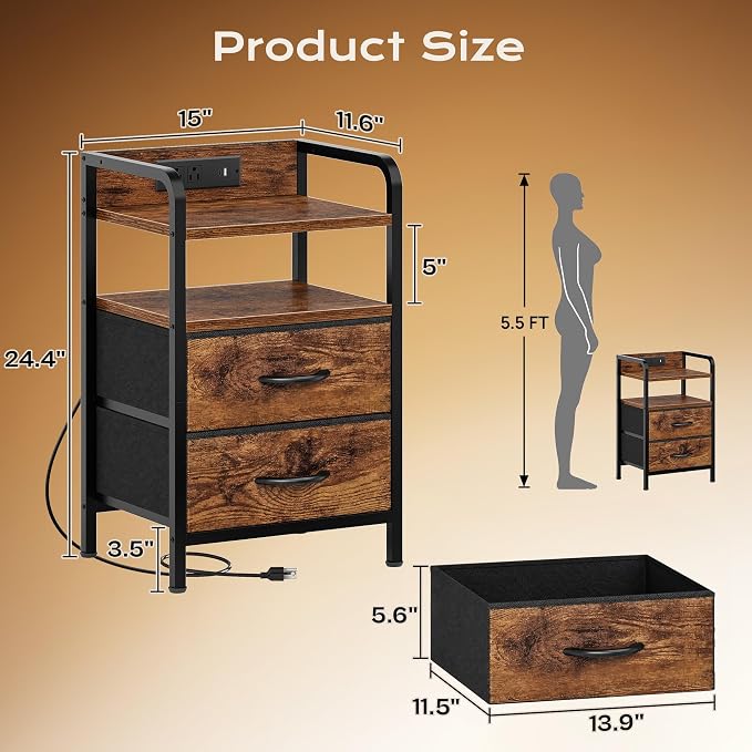 Huuger Nightstands Set of 2, Night Stand, Charging Station, USB-C Ports | 2 Drawers Bed Side Table, Open Shelf, 2-Way Power Panel Installation, End Table for Bedroom, Rustic Brown