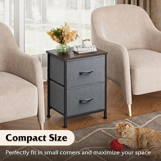WLIVE Nightstand, 2 Drawer Dresser for Bedroom, Small Dresser with 2 Drawers, Bedside Furniture, Night Stand, End Table with Fabric Bins for Bedroom, Closet, Entryway, College Dorm, Dark Grey | End Table with Fabric Bins for Bedroom, 15-Min Quick-Assem...