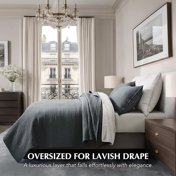 EVERGRACEHOME Cotton Sateen Channel Quilt Set, Queen Size, Midnight Blue | 100% Cotton, Pre-Washed Soft Coverlet Bedspread, 3-Piece Refined Channel Stitch Bedding Set for All Season, 2 Pillow Shams