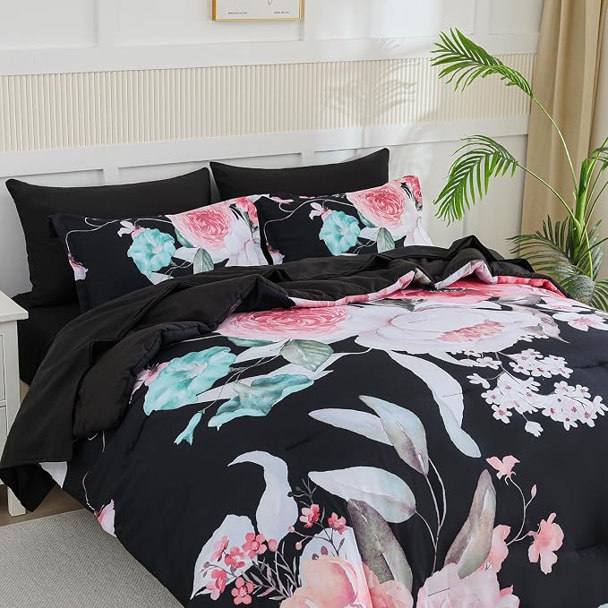 Yogeneg King Size Comforter Set 7 Piece Bed in a Bag,Pink Floral Botanical Pattern Black Bedding Set,Soft Microfiber Comforter with Sheet Set,All Season Bed Set(Pink,King)
