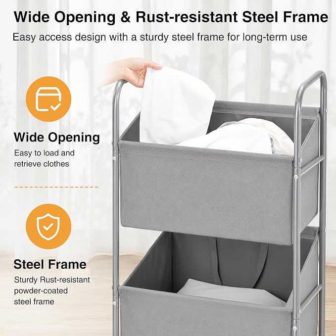 STO STO 3-Tier Vertical Rolling Laundry Hamper, Removable Bags, Gray Faric | 120L Capacity, Space-Saving Vertical Design, Rust-Resistant Steel Frame, Lockable Wheels, Ideal for Apartments & Small Spaces