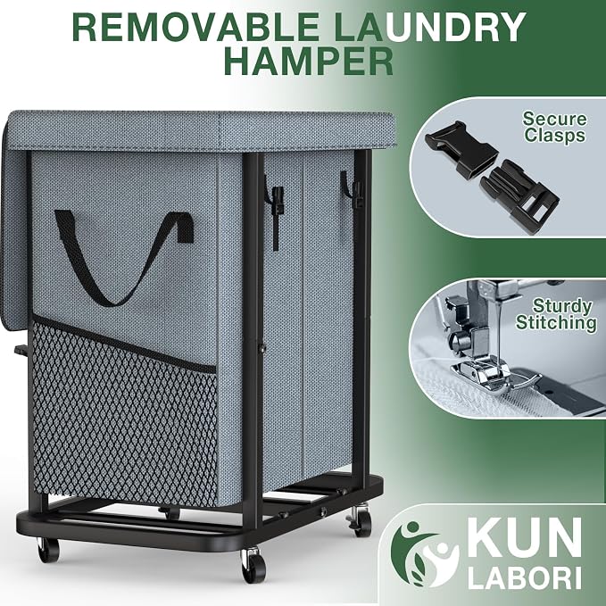Laundry Basket with Lid,190L Rolling Laundry Hamper with Wheels,Grey | Dirty Clothes Hamper with Metal Frame and Removable Bag Design, Suitable for Laundry Room, Bedroom(2 Section)
