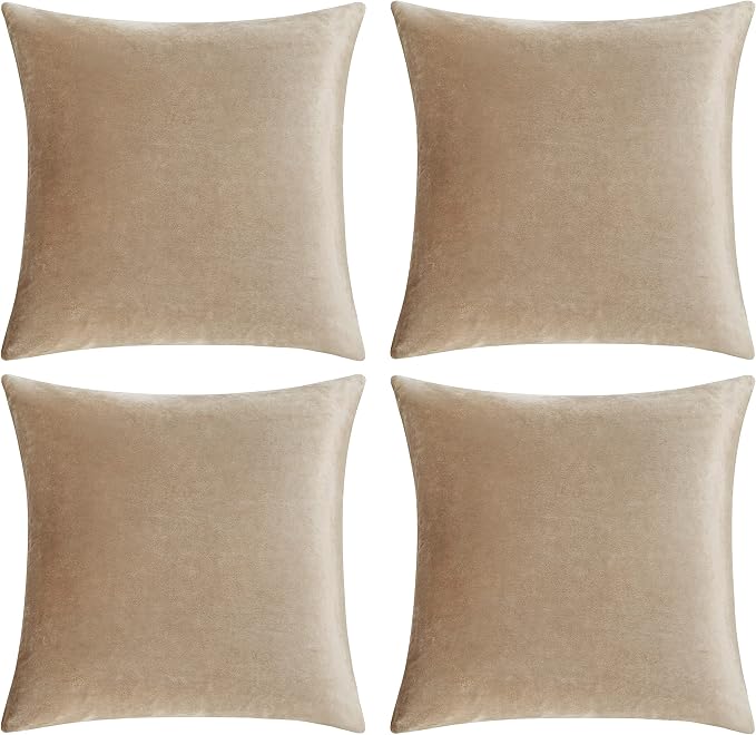 Decorative Throw Pillow Covers 20 x 20, Beige Taupe Khaki Sofa Pillow Covers Velvet, Set of 4 Decor Square Cushion Covers