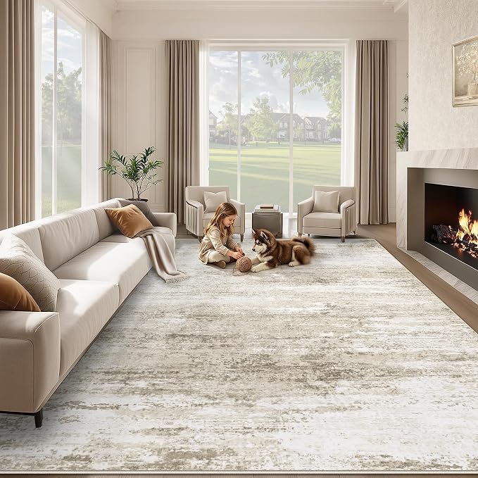 Washable Rug 9x12 Area Rugs for Living Room: Large Neutral Soft Rug Abstract Non Slip Low Pile Modern Carpet for Bedroom Kitchen Nursery Office Dining Room Indoor (Beige, 9'x12')