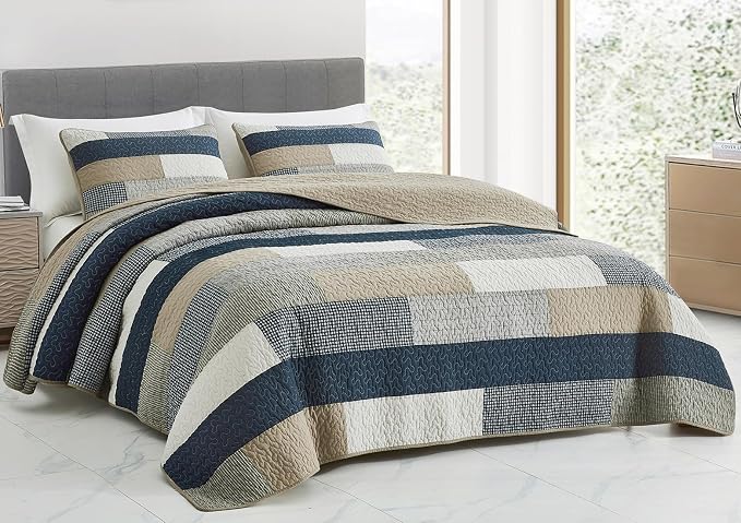 Chezmoi Collection Dylan 2-Piece Navy Blue White Gray Taupe Plaid Rectangular Patchwork Quilt Set - Pre-Washed Cotton Coverlet - Lightweight Bedspread for All Seasons, Twin Size