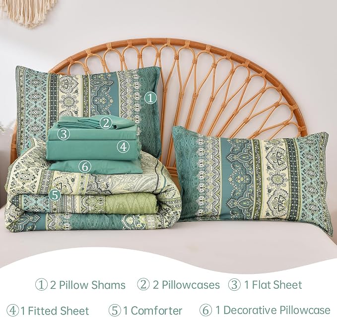 Cottolester Boho Queen Comforter Set 8 Pieces,Green Bohemian Comforter Paisley Striped Bed in A Bag,Soft Microfiber Bedding Set for All Season