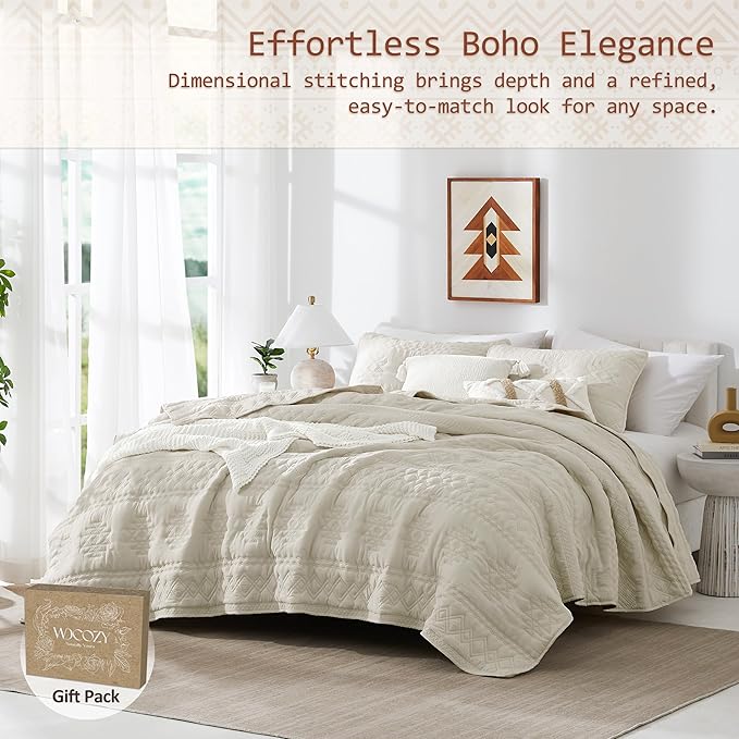 WDCOZY Beige Boho Twin Quilt Size Bedding Set with 1 Pillow Sham, Farmhouse Lightweight Soft Bedspread Coverlet for All Season, 2 Pieces, 68x90 inches