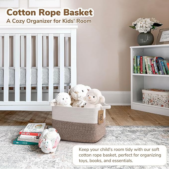 Goodpick Woven Rope Storage Basket for Shelves, Rectangle, Brown | 13" × 10" × 9" Stylish Gift Basket for Bedroom & Living Room Organization, Cotton Rope Baskets for Toys & Towels Storage