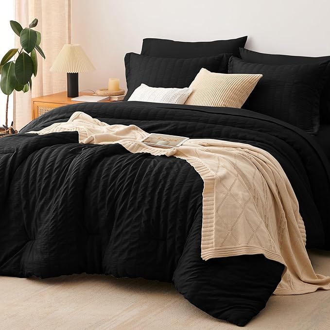 California King Comforter Set 7-Piece Black Seersucker Bed in a Bag | OEKO-TEX Certified, Cal King Bedding Sets with 240 GSM Down Alternative Comforter, Flat & Fitted Sheets, Pillowcases & Shams