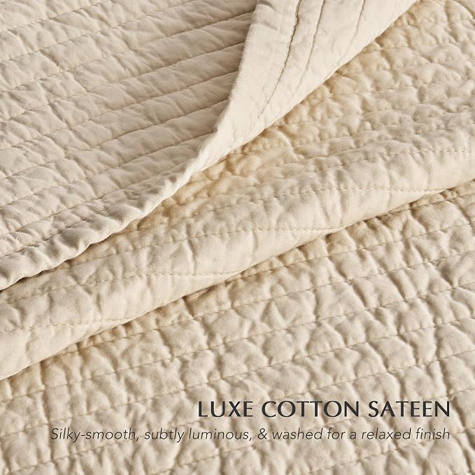 EVERGRACEHOME Cotton Sateen Quilt Set, Queen Size, Light Sand | 100% Cotton, Channel Stitch Coverlet Bedspread, Pre-Washed Lightweight Soft Bedding Set for All Season, 3 Piece, with 2 Shams