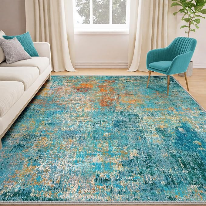 RELEANY Washable 5'x7' Abstract Area Rug for Living Room Teal Multi | Carpet for Bedroom, Kitchen, Office, Hallway and Entryway, Printed Pattern, Non‑Slip, Soft, Stain‑Resistant, Easy to Clean
