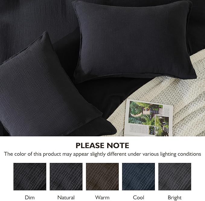EMME Muslin Cotton Duvet Cover Set Black King Size Linen Like Soft Breathable Lightweight Summer Comforter Cover Set with Zipper Closure (Black, King, 104"x90")