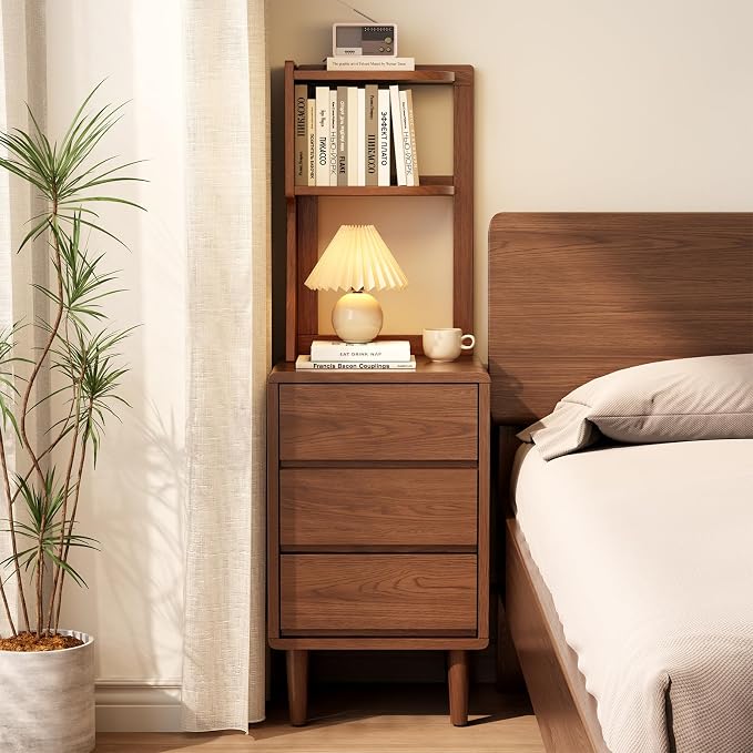Solid Wood Bookshelf Nightstand Combo, Tall Nightstand with Bookshelf | Walnut Nightstand Bookshelf,Narrow Nightstand with Drawers,Open Shelf Bookcase,for Bedroom,Living Room,Offices