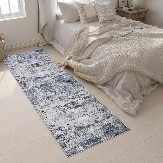 2.6x10 Washable Runner Rug:Modern Abstract Indoor Soft Carpet Grey | For Hallway, Bedroom, Kitchen, Laundry, Bathroom,Door Mat,Modern Abstract,Machine washable,Non-Slip,Stain Resistant,Indoor