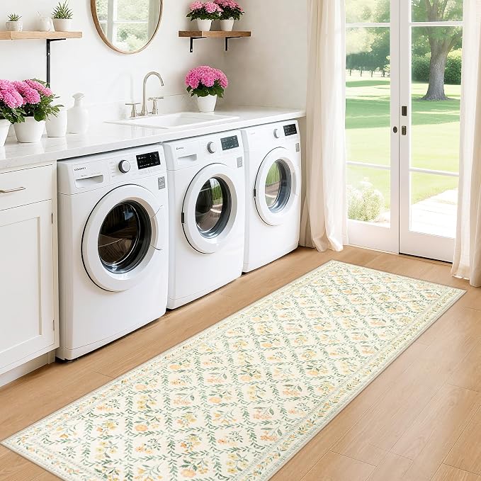 PLHXFR 2x6 Washable Runner Rug：Floral Indoor Kitchen Carpet Beige Multi | For Hallway Bedroom Kitchen Laundry Bathroom Dorm,Vintage Floral,Machine washable,Non Slip,Stain Resistant,Indoor Floor