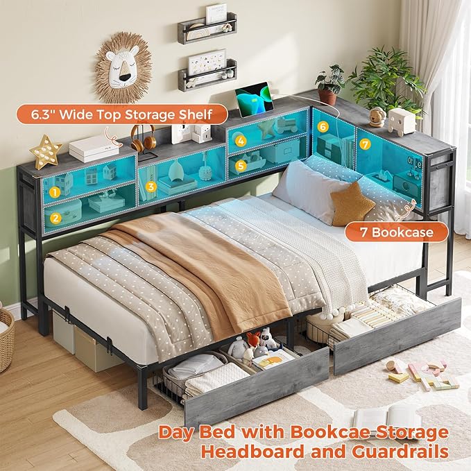 DICTAC Corner Twin Bed Frame with Bookcase Storage Headboard and Led Lights,Twin Size Metal Platform Corner Bed Frames with 2 Drawers and Charging Station,Twin Daybed for Kids and Teens,Oak Gray