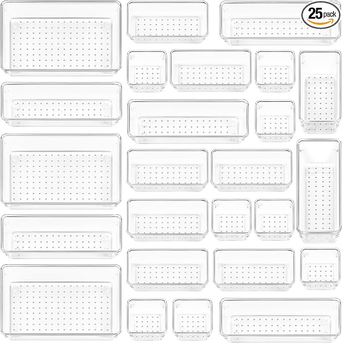 Vtopmart 25 PCS Clear Plastic Drawer Organizers Set, 4-Size Versatile Bathroom and Vanity Drawer Organizer Trays, Storage Bins for Makeup, Bedroom, Kitchen Gadgets Utensils and Office | 4-Size Versatile Makeup Organizer, Storage Containers Small Bins f...