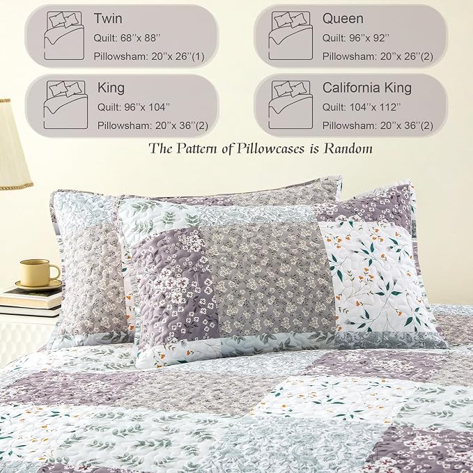 Whale Flotilla Patchwork Quilts Twin Size, Extra Soft Floral Bedspreads | Grey Reversible Lightweight Twin Quilt Bedding Set for Bed, Printed Coverlets with 1 Pillow Sham for All Seasons