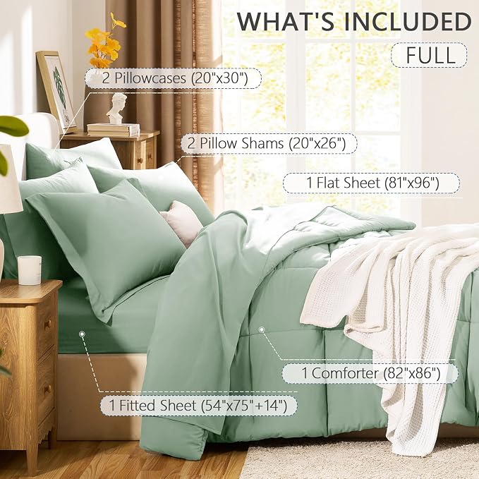 Full Size Comforter Sets, 7-Piece Bed in a Bag, Sage Green | OEKO-TEX Certified, Box-Stitched Design, 240 GSM Down Alternative Fill, All-Season Comfort, Sheets, Pillowcases & Shams