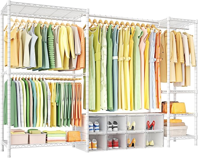 E10 Clothes Rack（With Stretchable Hanger Rod）Freestanding Clothing Racks for Hanging Clothes，Adjustable Closet Organizer System，Portable Garment Rack 73-97"W x 15" D x 72" H，Max Load 800LBS，White