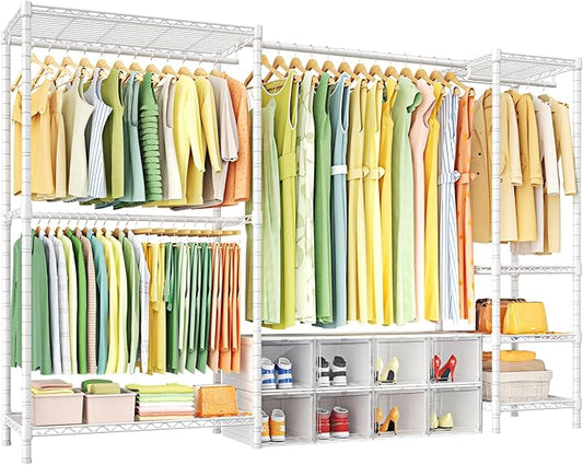 E10 Clothes Rack（With Stretchable Hanger Rod）Freestanding Clothing Racks for Hanging Clothes，Adjustable Closet Organizer System，Portable Garment Rack 73-97"W x 15" D x 72" H，Max Load 800LBS，White
