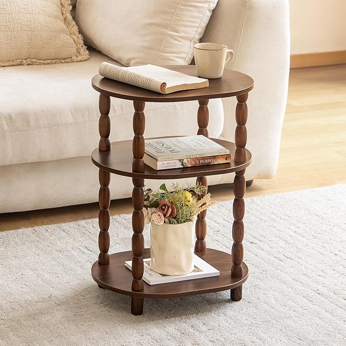 MaxSmeo Small Side Table, 3-Tier Small End Table, Modern Oval Night Stand Accent Table for Living Room, Bedroom, Walnut Brown