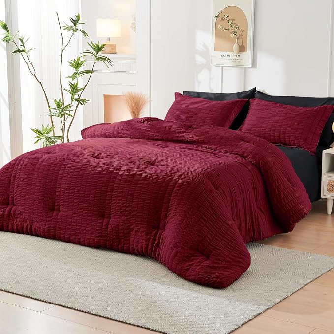 HYMOKEGE Red & Black Queen Comforter Set Seersucker 7 Pieces, All Season Luxury Bed in a Bag for Bedroom, Bedding Set with Comforters, Sheets, Pillowcases & Shams