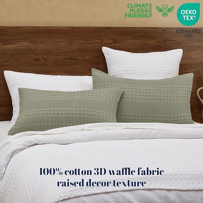 PHF 100% Cotton Waffle Pillow Shams King Size, 2 Pack 20" x 36" Soft Skin-Friendly Pillowcases, No Filling, Aesthetic Woven and Breathable Waffle Weave Pillow Case Covers for Bed, Dusty Sage