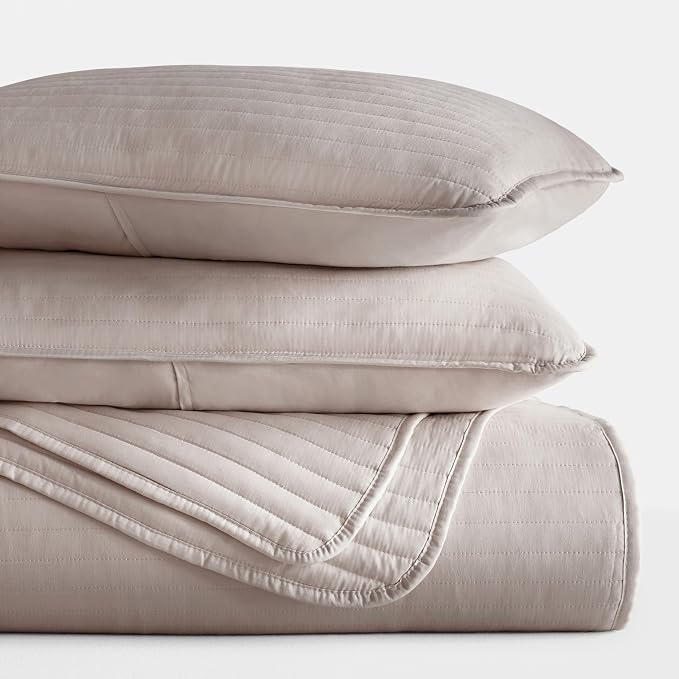 Merit Linens Modern Quilt Coverlet Soft Set in Stripe Stitching - King/Cal-King Latte