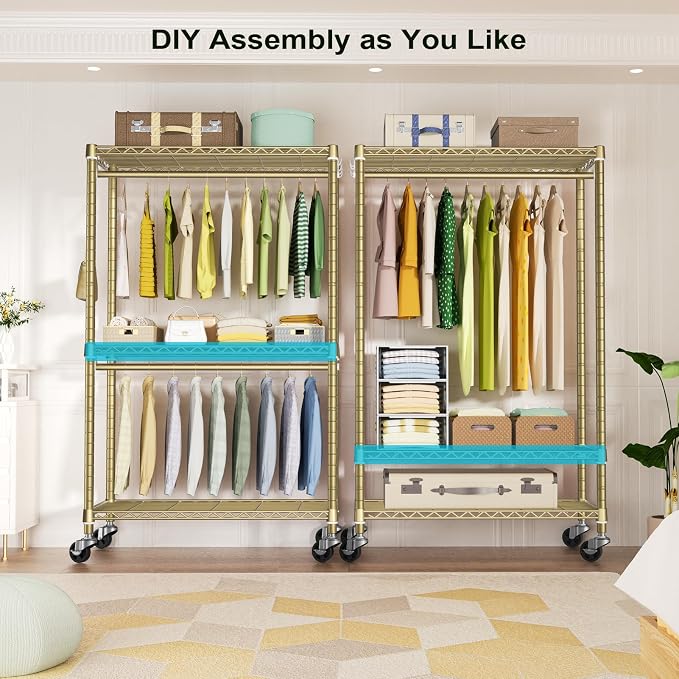 FUTASSI Rolling Clothes Rack, Clothing Racks for Hanging Clothes, Gold | P3 Heavy Duty Garment Rack with Wheels, Freestanding Portable Closet Racks 39.4'' W x 14'' D x 78.5'' H, Max Load 470 LBS