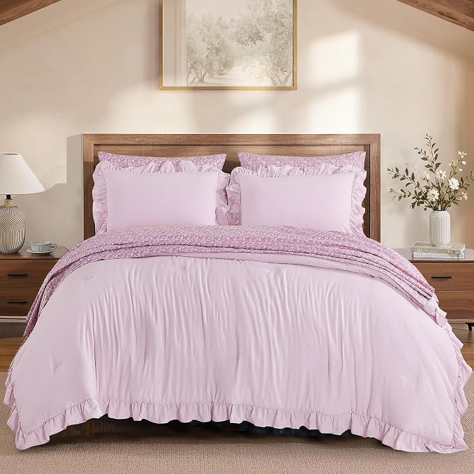 Queen Comforter Set-7 Pieces Ruffle Bedding with Floral Sheet | Mauve Vine Bed in a Bag, Soft Lightweight All Season Farmhouse Queen Bedding Sets with Floral Sheets, Pillowcases & Shams