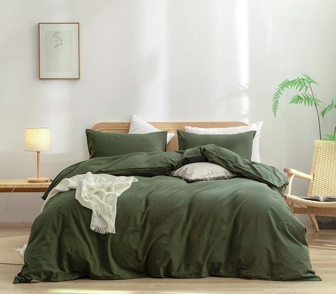 BESTOUCH Cotton Solid Duvet Cover Set Linen Feel Olive Green Alaska King | 100% Washed Cotton, Soft Wrinkle Texture, Hidden Zipper, 8 Ties, Breathable Lightweight Durable Comfy, 3 Pcs No Insert