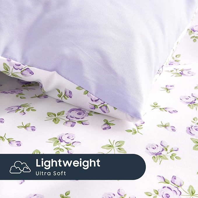 Wake In Cloud - Floral Comforter Set, Coquette Cottagecore Aesthetic Flower Shabby Chic Pattern for Women Teen Girls, Soft Lightweight Bedding, 3 Pieces, White Purple, Twin/Twin XL Size