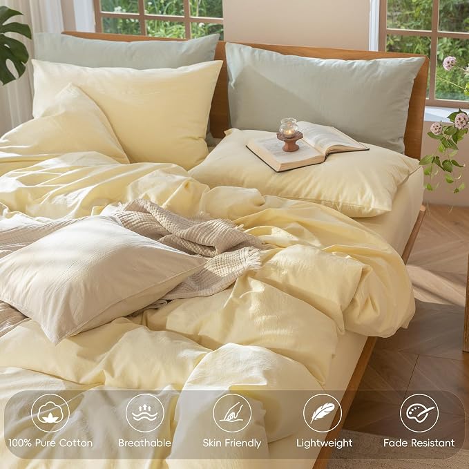 MooMee Duvet Cover Set 100% Washed Cotton Linen Like Oversized Queen | Relaxed Linen-like Texture. Soft, Breathable & Long-lasting Comfort. Lightweight. Hidden Zipper with 8 Interior Corner Ties
